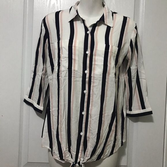 Reitmans Collared Stripe Button Down Front Knotted Blouse 3/4 XXS - Picture 2 of 10